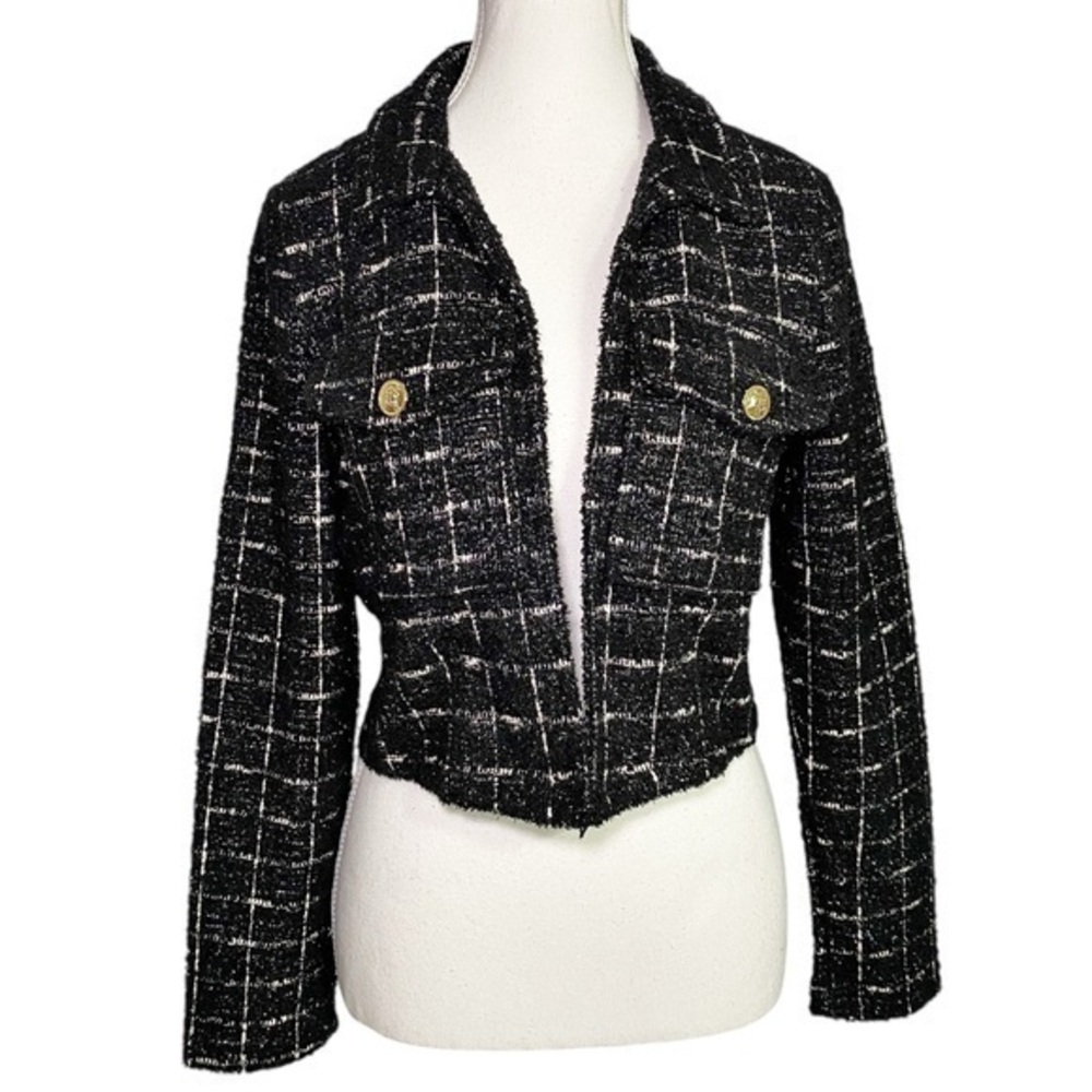 Sincerely Jules Black Grid Knit Fuzzy Open Cropped Jacket